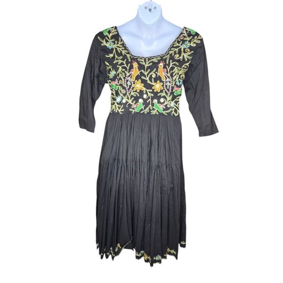 VINTAGE 90s black embroidered boho floral peasant lagenlook midi dress ‎ S - Picture 3 of 13